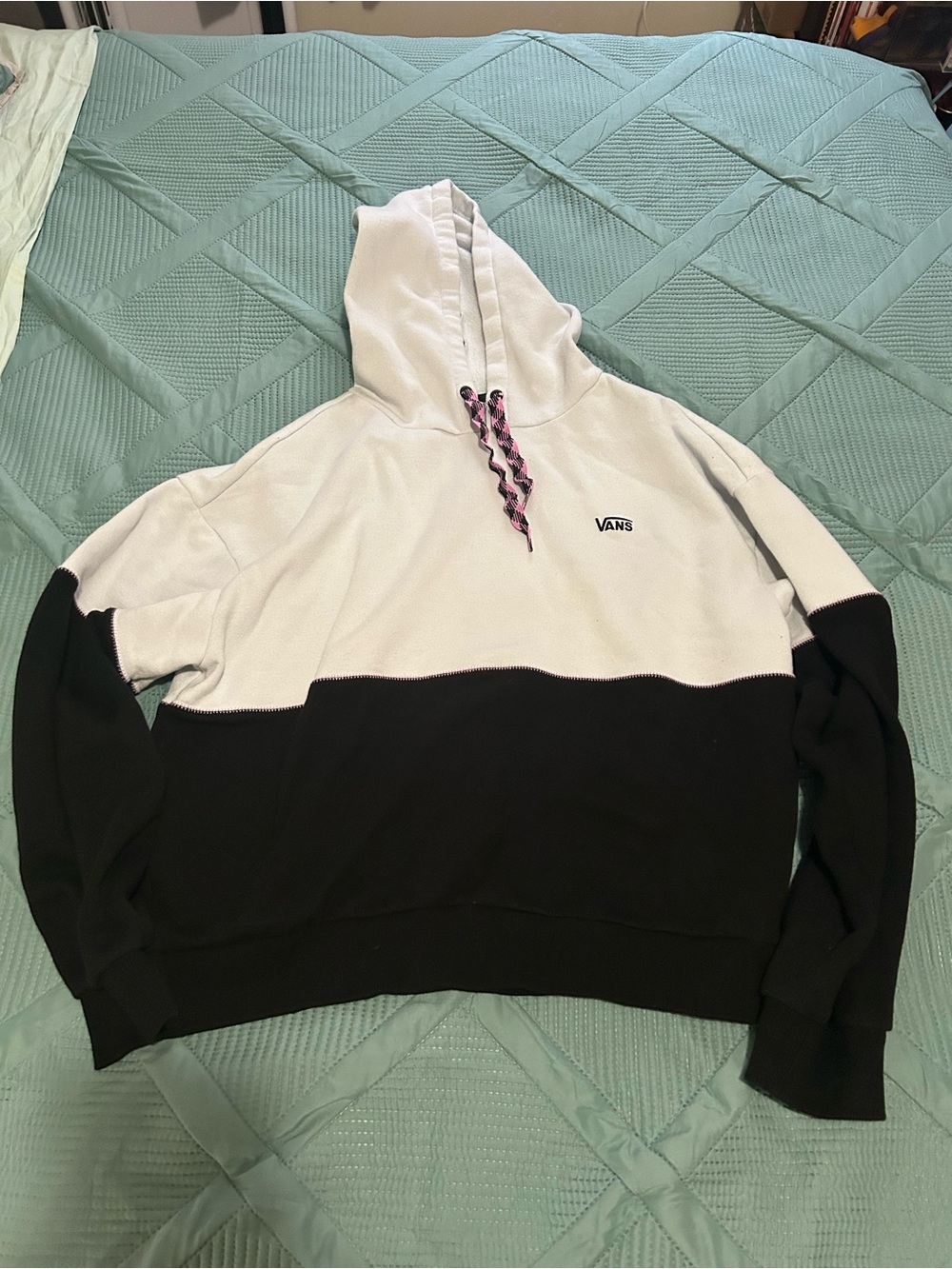 Vans Two-Tone Black and White Crewneck Hoodie with Pink Drawcords